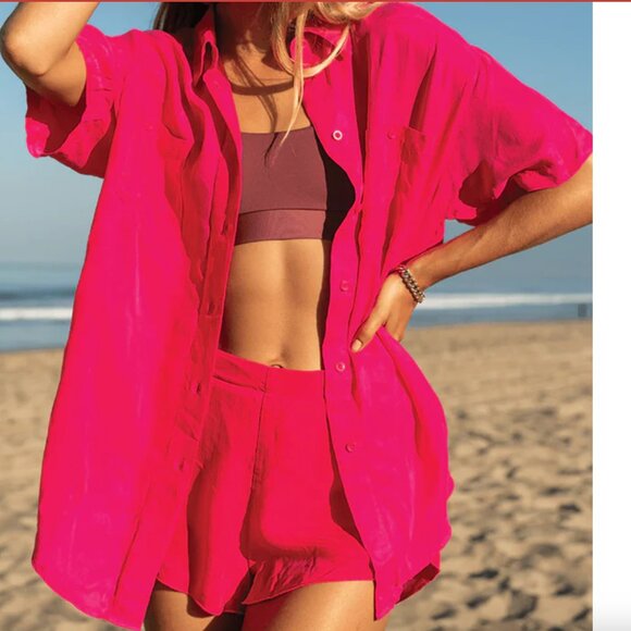 Left On Friday Sports Silk Button-Down, Hot Pink, Size S/M - Picture 3 of 10